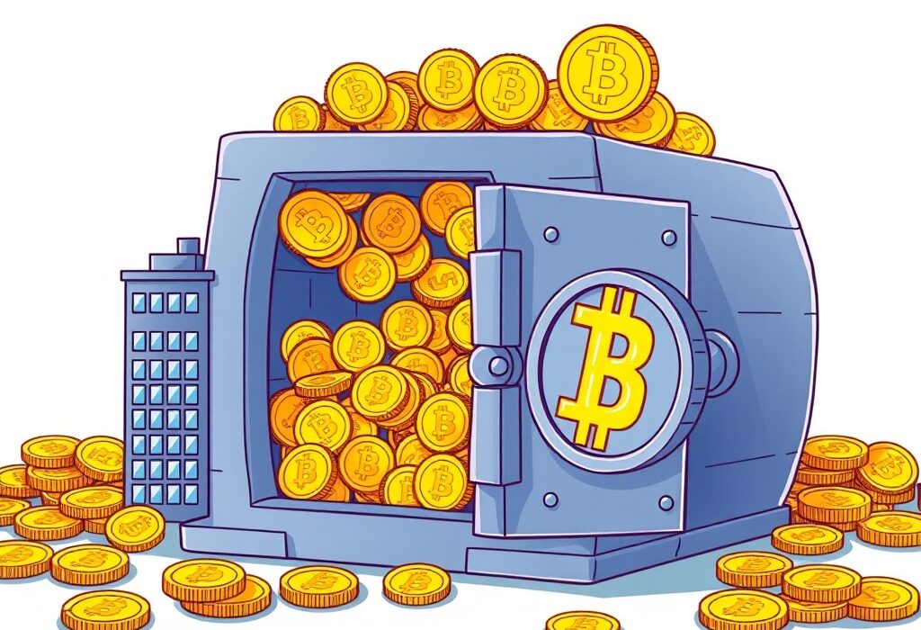 Cartoon illustration showing Twenty One Capital's vault expanding with new Bitcoin holdings from Tether, symbolizing strategic growth.