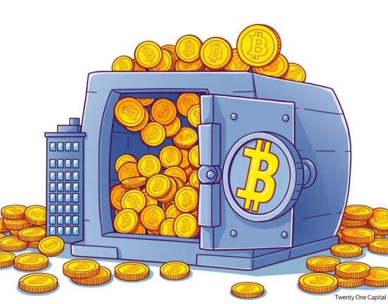 Cartoon illustration showing Twenty One Capital's vault expanding with new Bitcoin holdings from Tether, symbolizing strategic growth.