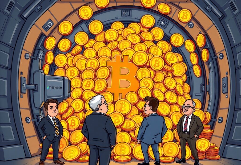 A vibrant cartoon illustration depicting massive Bitcoin holdings, symbolizing Twenty One Capital's significant entry into the corporate BTC space.