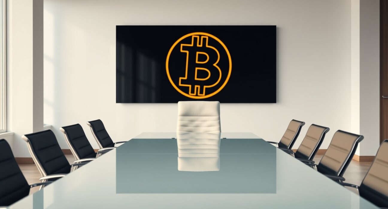 Empty boardroom chair symbolizing CEO resignation at a Bitcoin treasury company