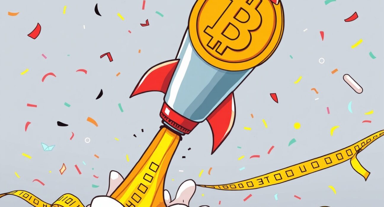 Cartoon illustration of a Bitcoin rocket launching toward a Nasdaq listing, symbolizing Twenty One Capital's public market ambition.