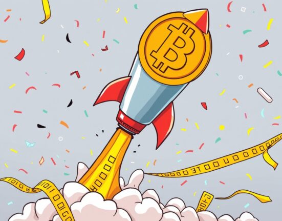 Cartoon illustration of a Bitcoin rocket launching toward a Nasdaq listing, symbolizing Twenty One Capital's public market ambition.