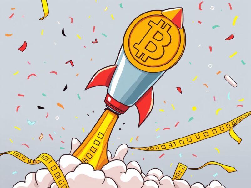 Cartoon illustration of a Bitcoin rocket launching toward a Nasdaq listing, symbolizing Twenty One Capital's public market ambition.