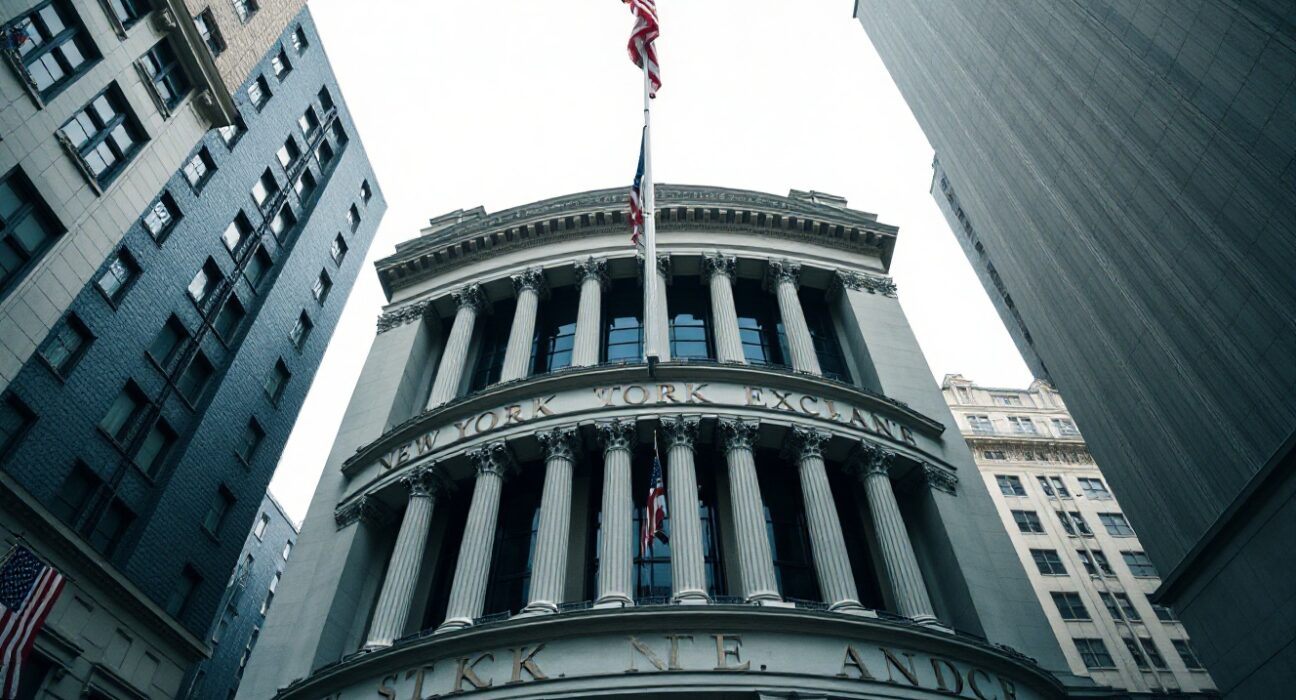 New York Stock Exchange building on Wall Street under overcast sky