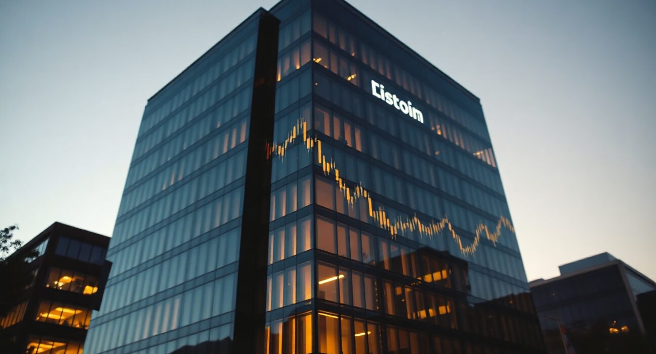 Twenty One Capital headquarters with Bitcoin price chart overlay reflecting Q2 losses