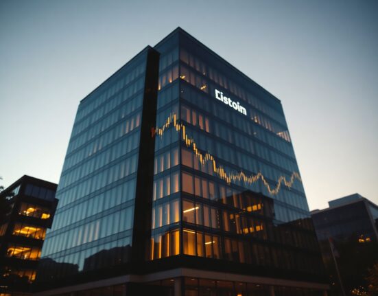 Twenty One Capital headquarters with Bitcoin price chart overlay reflecting Q2 losses