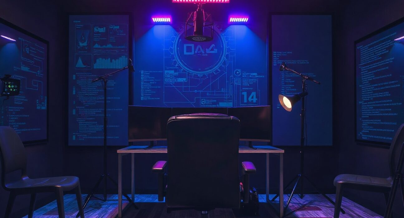 Empty streaming setup with microphone and camera, representing Twitch content used for AI training
