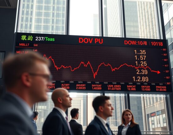 Dow Jones Industrial Average board showing mixed earnings impact