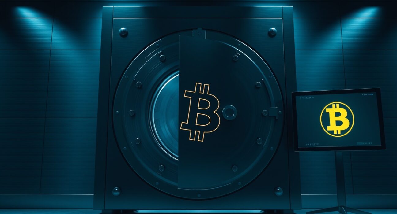Secure vault door with a glowing Bitcoin symbol, representing a large cryptocurrency withdrawal.