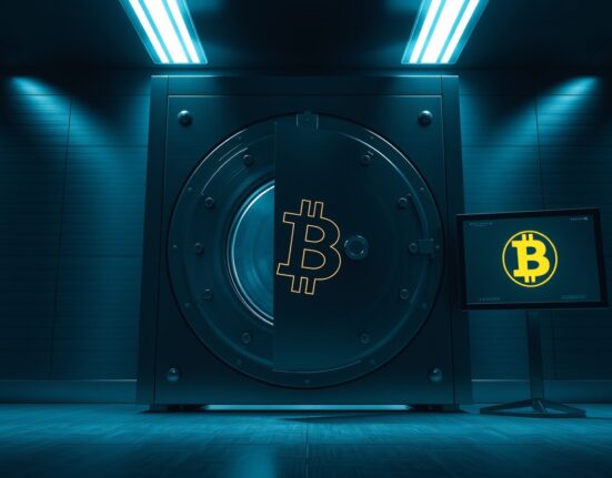 Secure vault door with a glowing Bitcoin symbol, representing a large cryptocurrency withdrawal.