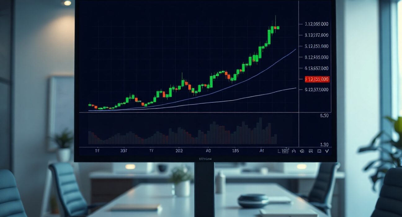 Bitcoin price chart on a screen in a modern trading office, indicating bullish momentum.