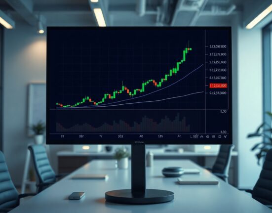 Bitcoin price chart on a screen in a modern trading office, indicating bullish momentum.