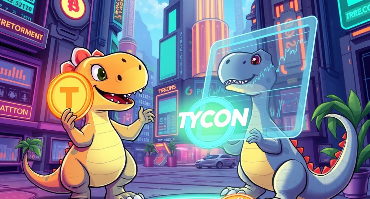 Cartoon dinosaurs celebrate the launch of the TYCOON token, symbolizing its entry into the crypto market and the Dino Tycoon game's potential.