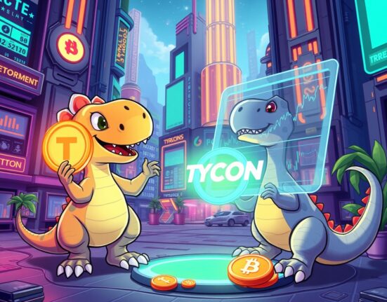 Cartoon dinosaurs celebrate the launch of the TYCOON token, symbolizing its entry into the crypto market and the Dino Tycoon game's potential.