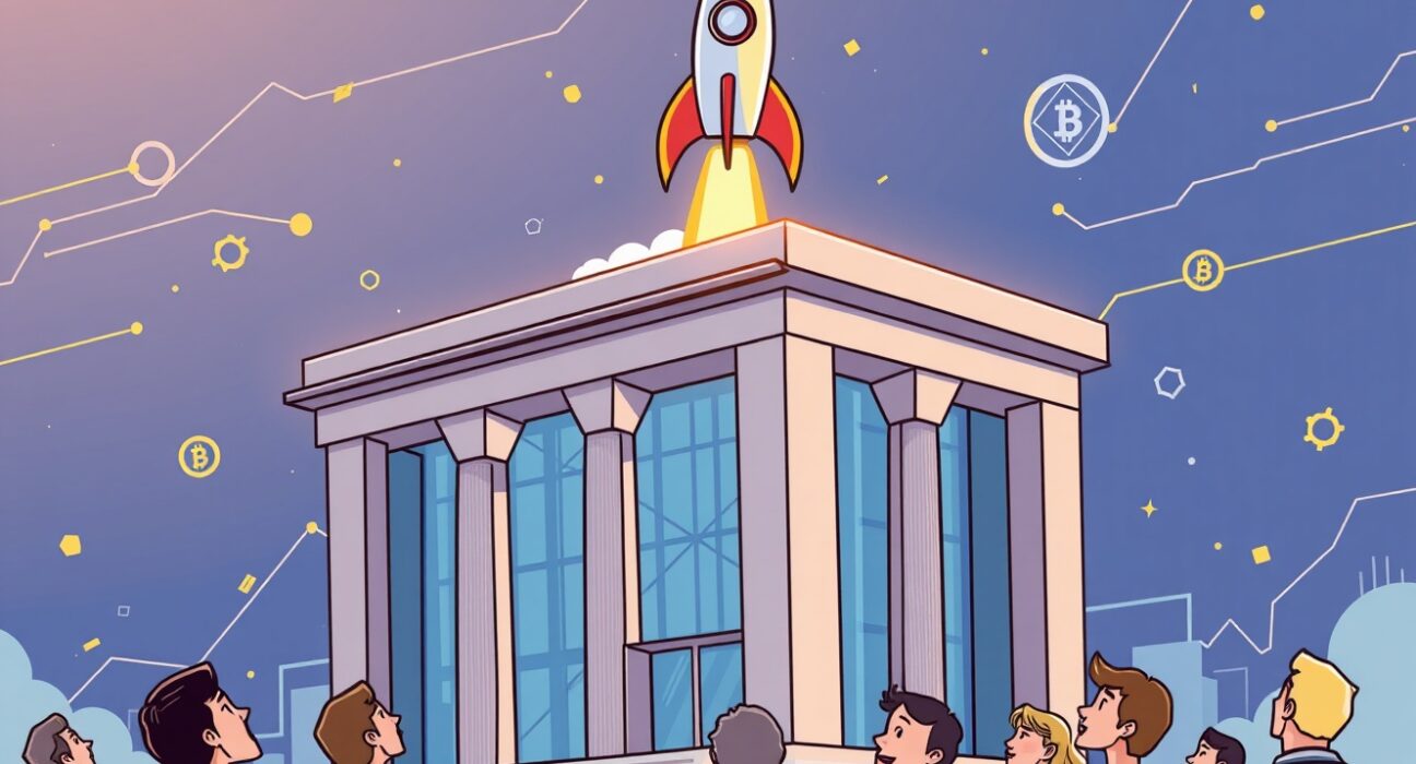 A rocket launching from a futuristic building, symbolizing the exciting potential of the Tzero IPO in the tokenized securities market.