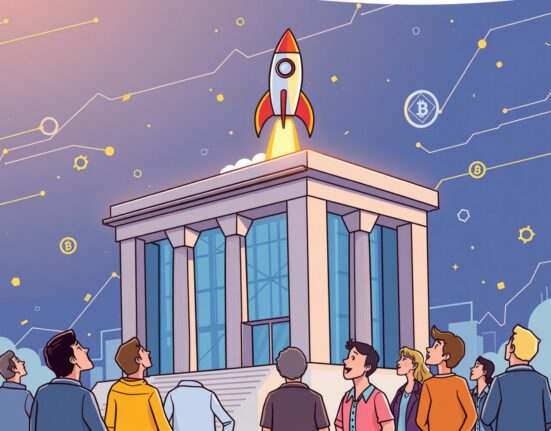 A rocket launching from a futuristic building, symbolizing the exciting potential of the Tzero IPO in the tokenized securities market.