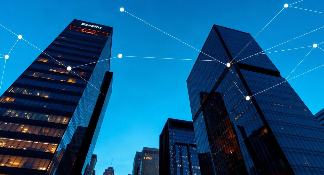 Modern financial district skyline with digital network overlay representing blockchain integration.