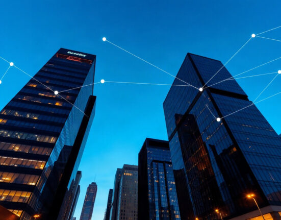 Modern financial district skyline with digital network overlay representing blockchain integration.