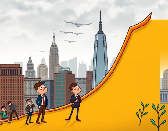 Cartoon illustration showing the U.S. stock market indices declining, conveying early trading challenges and investor sentiment.