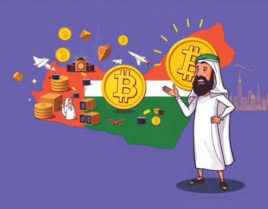 A vibrant cartoon illustrating the UAE's significant UAE Bitcoin holdings, symbolizing its strategic position in the global crypto landscape.