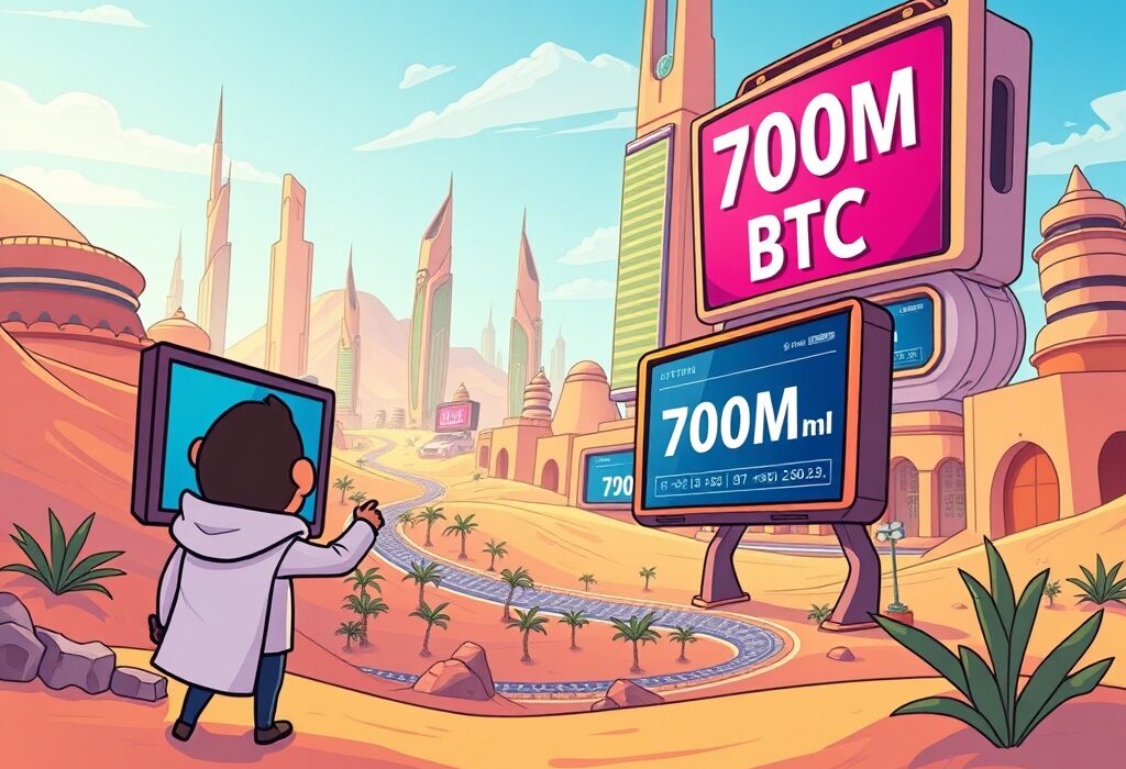Cartoon illustration showing Arkham Intelligence revealing significant UAE Bitcoin holdings on a digital screen, with a futuristic city backdrop.