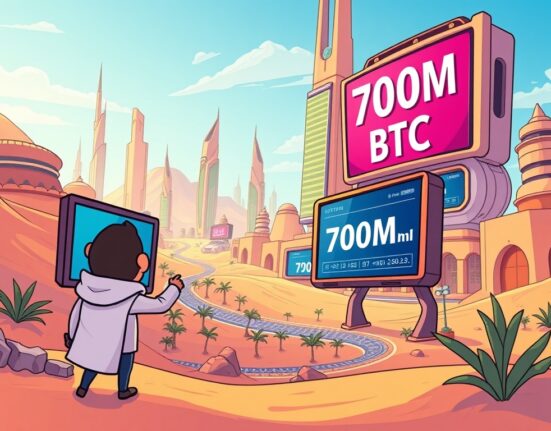 Cartoon illustration showing Arkham Intelligence revealing significant UAE Bitcoin holdings on a digital screen, with a futuristic city backdrop.