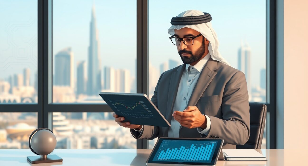 UAE investor analyzing cryptocurrency and AI stock market data amid Middle East geopolitical tensions