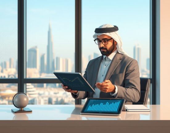 UAE investor analyzing cryptocurrency and AI stock market data amid Middle East geopolitical tensions