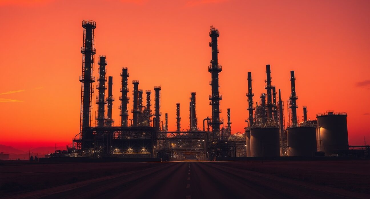 Oil refinery at sunset symbolizing the bearish impact of the UAE exit from OPEC on oil prices.