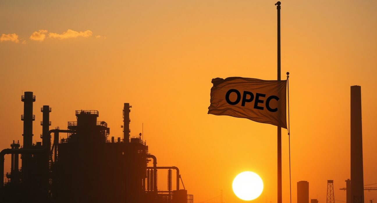 United Arab Emirates to leave OPEC, showing Abu Dhabi skyline and oil refinery at sunset
