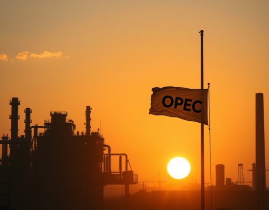 United Arab Emirates to leave OPEC, showing Abu Dhabi skyline and oil refinery at sunset
