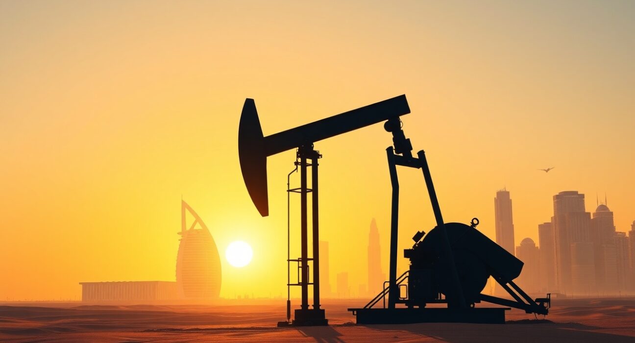 UAE OPEC withdrawal announcement: Abu Dhabi skyline with oil pumpjack in foreground