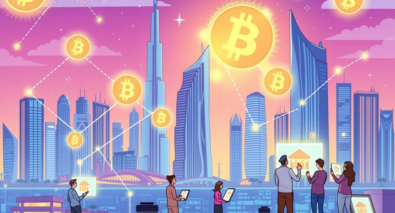 Cartoon illustration showing the digital transformation of property, symbolizing UAE real estate tokenization and new investment opportunities.