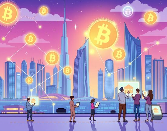 Cartoon illustration showing the digital transformation of property, symbolizing UAE real estate tokenization and new investment opportunities.