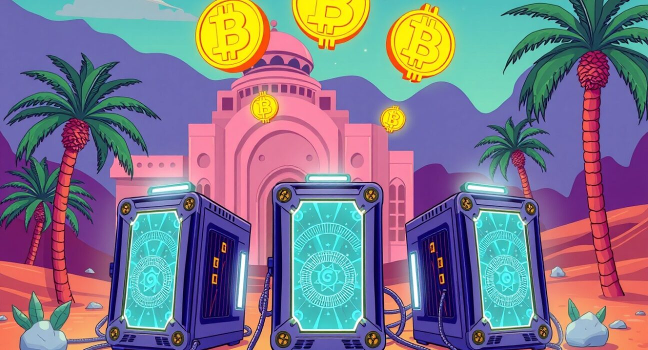 Royal Group's revolutionary Bitcoin mining operation in UAE desert setting with glowing digital assets