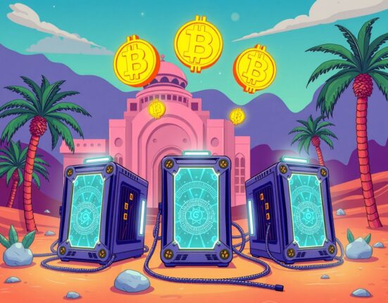 Royal Group's revolutionary Bitcoin mining operation in UAE desert setting with glowing digital assets