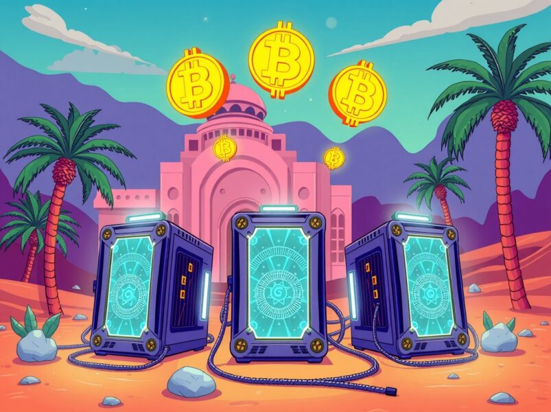 Royal Group's revolutionary Bitcoin mining operation in UAE desert setting with glowing digital assets