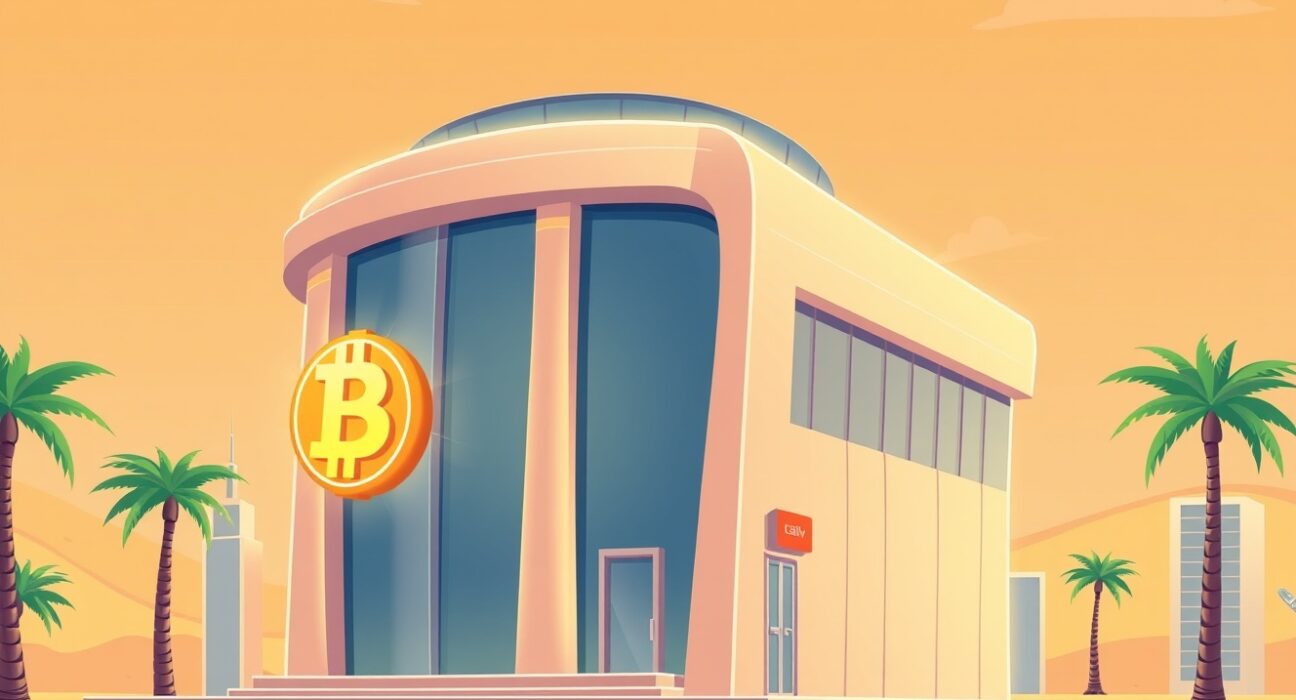A cartoon illustration of a UAE bank embracing Bitcoin trading through a digital partnership.
