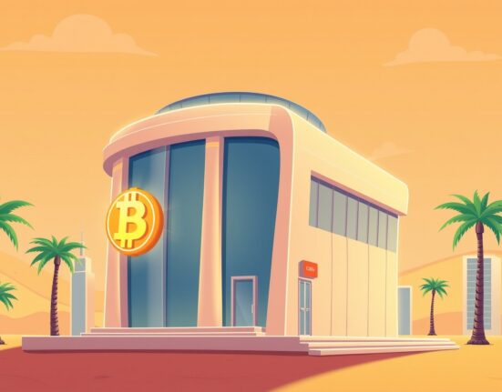 A cartoon illustration of a UAE bank embracing Bitcoin trading through a digital partnership.