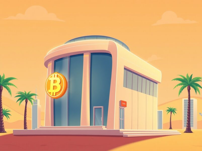 A cartoon illustration of a UAE bank embracing Bitcoin trading through a digital partnership.