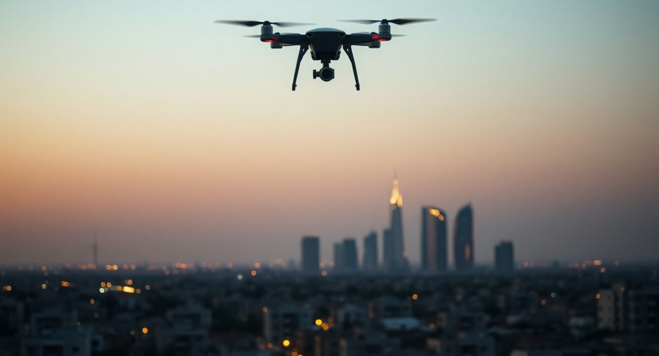 Drone flying over Middle Eastern city skyline at dusk