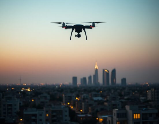 Drone flying over Middle Eastern city skyline at dusk