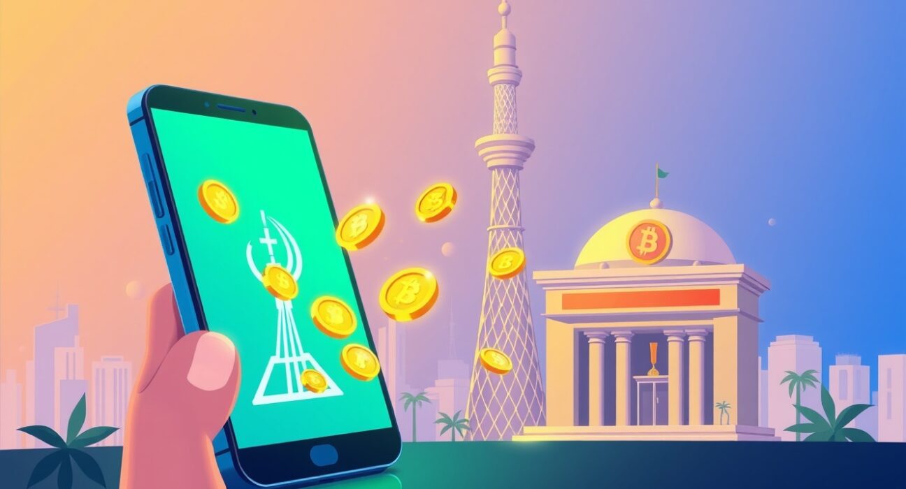A vibrant cartoon illustrating a stablecoin for bill payments flowing between a smartphone and telecom infrastructure.