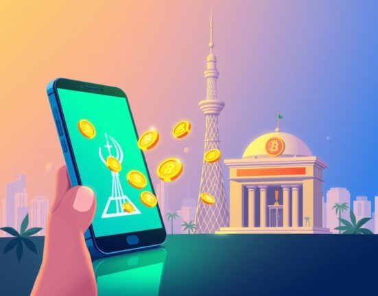 A vibrant cartoon illustrating a stablecoin for bill payments flowing between a smartphone and telecom infrastructure.