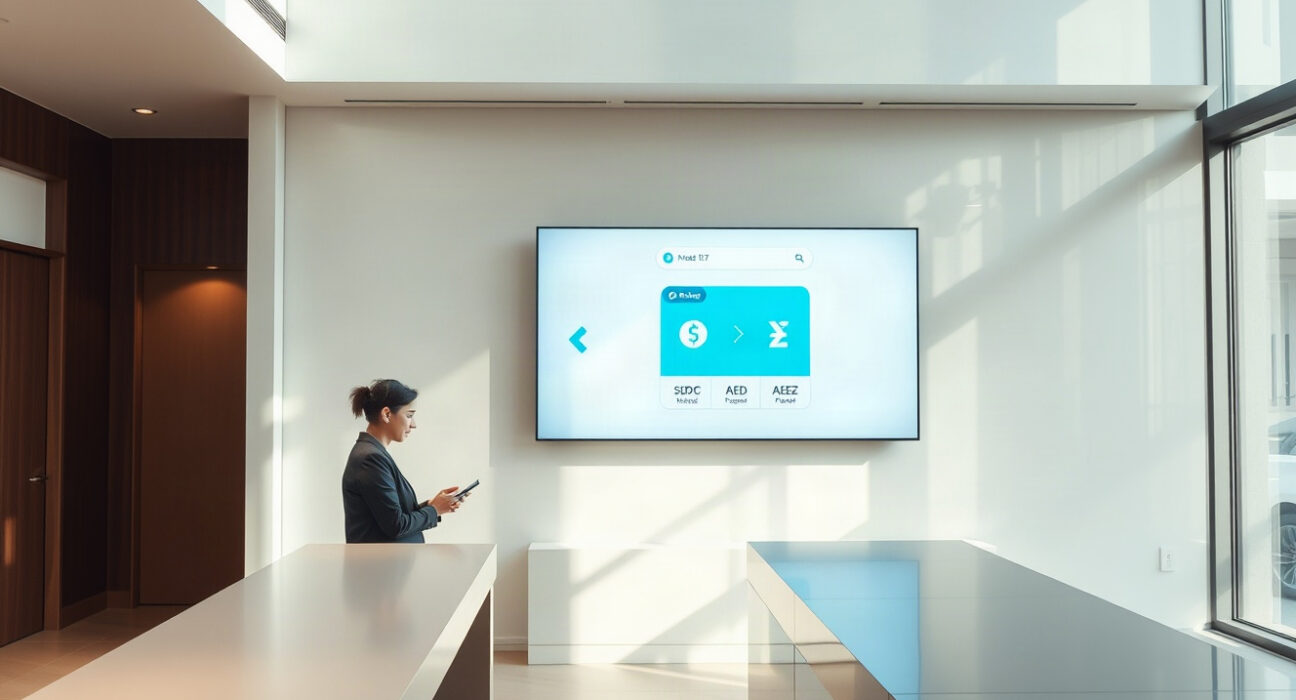 Zand Bank digital branch in Dubai with screen showing USDC and AEDZ stablecoin wallet interface