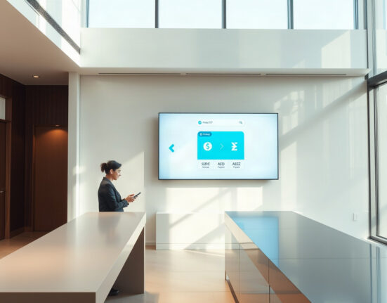 Zand Bank digital branch in Dubai with screen showing USDC and AEDZ stablecoin wallet interface