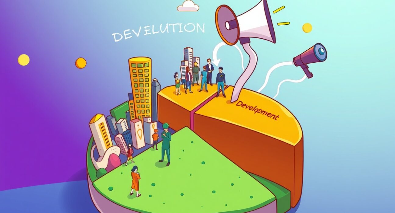 A vibrant cartoon showing the distribution of UAI tokenomics, illustrating UnifAI's strategic allocation for community and development.