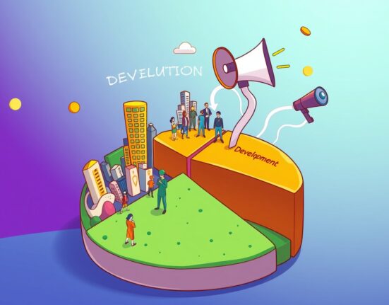 A vibrant cartoon showing the distribution of UAI tokenomics, illustrating UnifAI's strategic allocation for community and development.