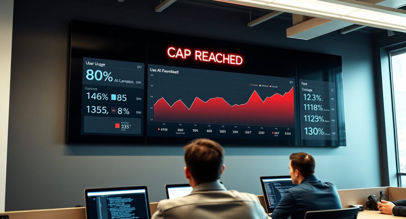 Uber office interior with a digital dashboard showing AI spending cap alert and employees working on coding tools