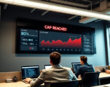Uber office interior with a digital dashboard showing AI spending cap alert and employees working on coding tools